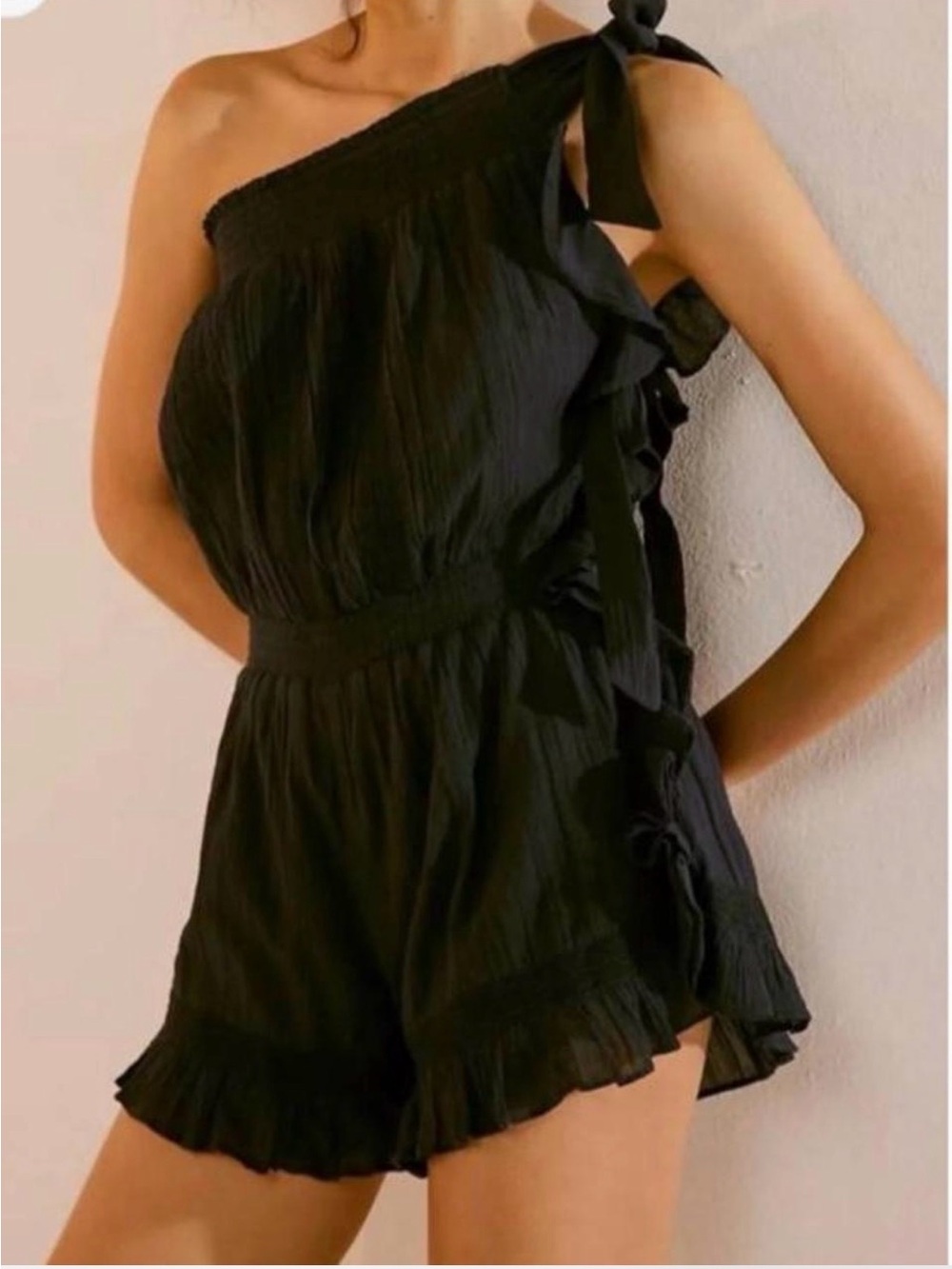Free People Feeling Fancy Black One-Shoulder Ruffle Romper